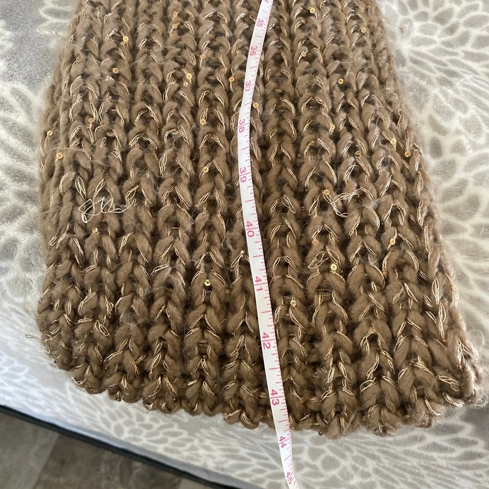 Tan Brown Chunky Knit Infinity Scarf Gold Metallic Sequin Ribbed Loop‎ Boho Chic